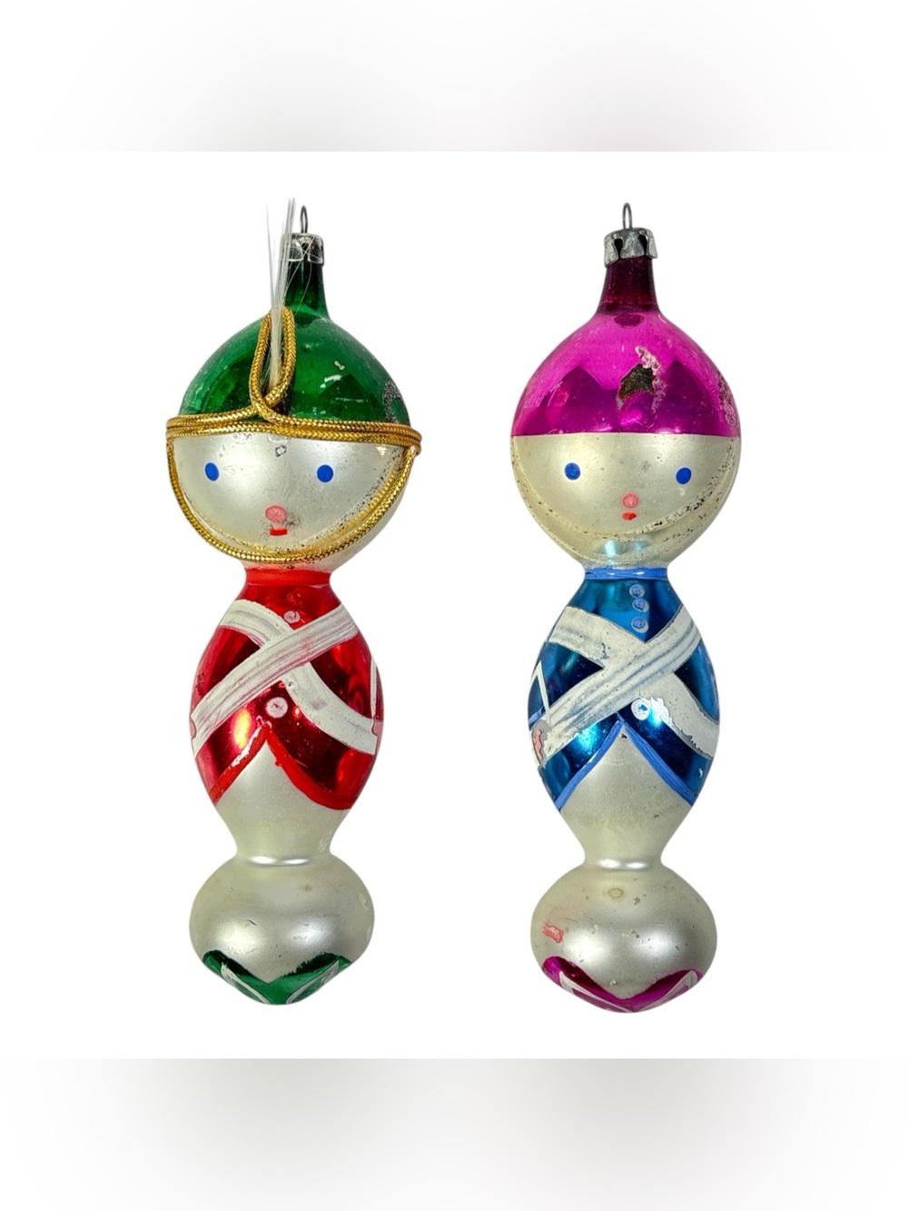 2 Vtg 6" Blown Frosted Mercury Glass Toy Soldier Christmas Ornament Poland Lot 2